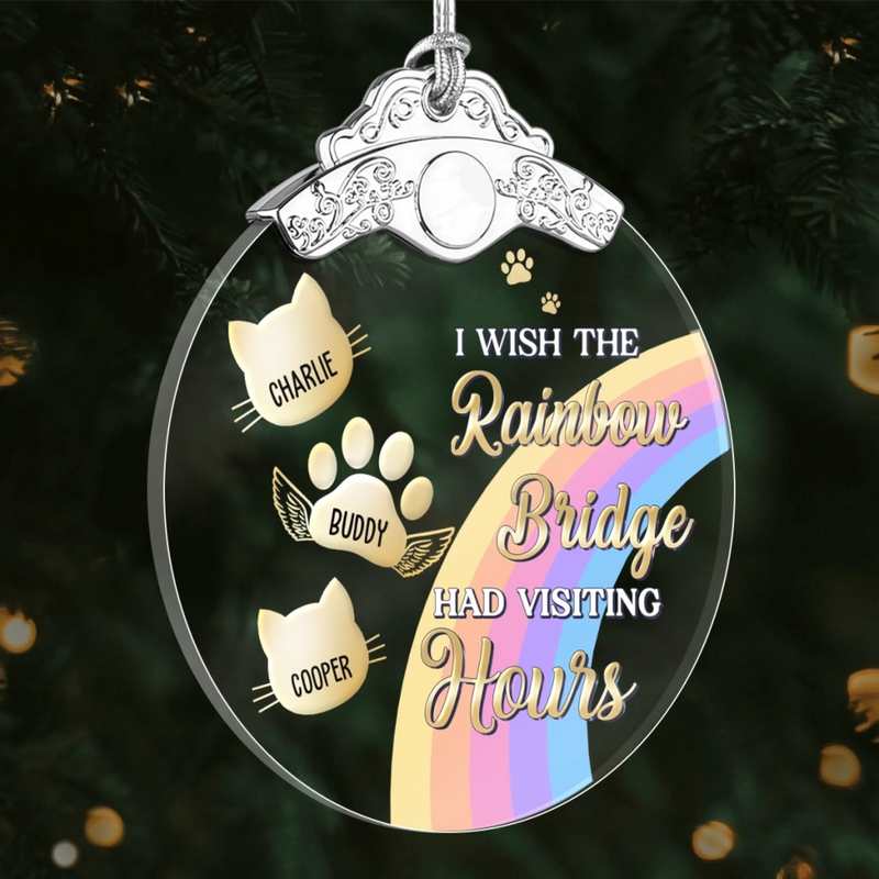 Custom Glass Ornament - Personalized Pet Christmas Memorial Sympathy Gifts For Dogs, Cats - Waiting Beyond The Rainbow Bridge