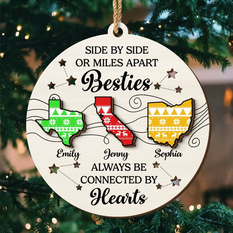 Custom Long Distance Double Layer Wooden Ornament - Personalized Best Friend Christmas Birthday Gifts For Women, Besties, Sisters, BFF - Far Away But Never Gone