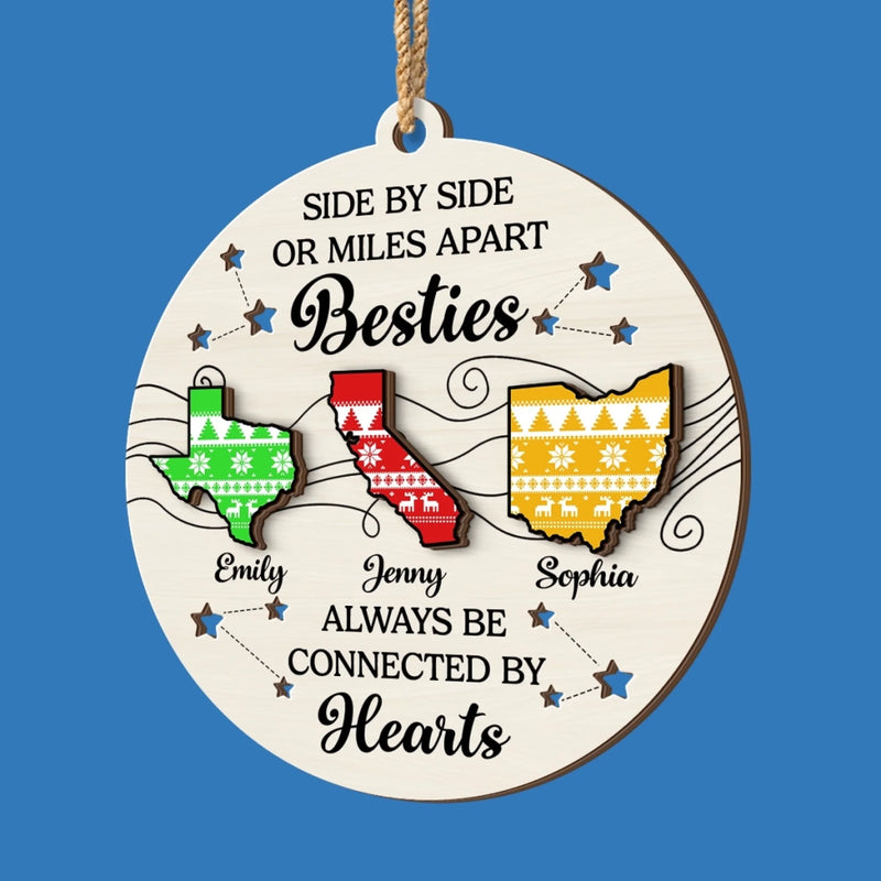 Custom Long Distance Double Layer Wooden Ornament - Personalized Best Friend Christmas Birthday Gifts For Women, Besties, Sisters, BFF - Far Away But Never Gone