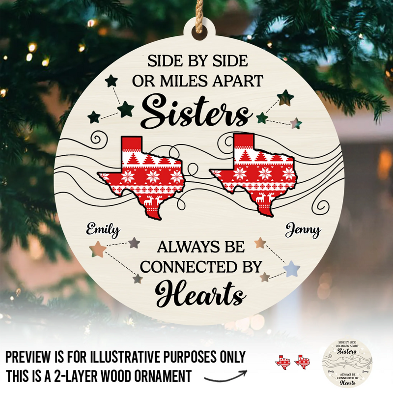 Custom Long Distance Double Layer Wooden Ornament - Personalized Best Friend Christmas Birthday Gifts For Women, Besties, Sisters, BFF - Far Away But Never Gone
