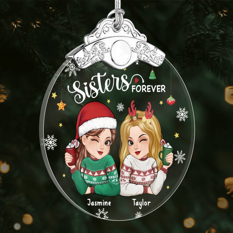 Custom Glass Ornament - Personalized Christmas Best Friend Birthday Gifts For Women, Besties, Sisters, BFF - Forever Linked, Heart To Heart