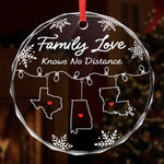 Custom Long Distance Circle Glass Ornament - Personalized Christmas Birthday Gifts For Mom, Dad, Kids - Across the Miles, Our Family Stays Strong