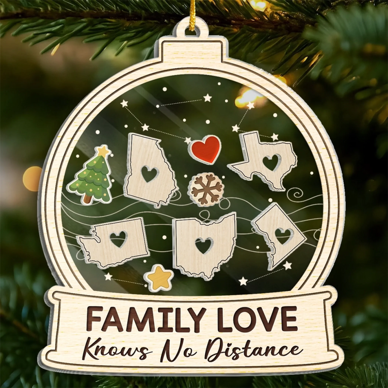 Custom Long Distance 3 Layers Shaker Ornament - Personalized Christmas Birthday Gifts For Mom, Dad, Kids - Hearts Across States