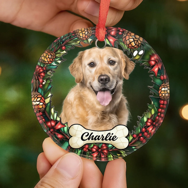 Custom Photo Circle Glass Ornament - Personalized Pet Christmas Memorial Sympathy Gifts For Dogs, Cats - Love Never Leaves