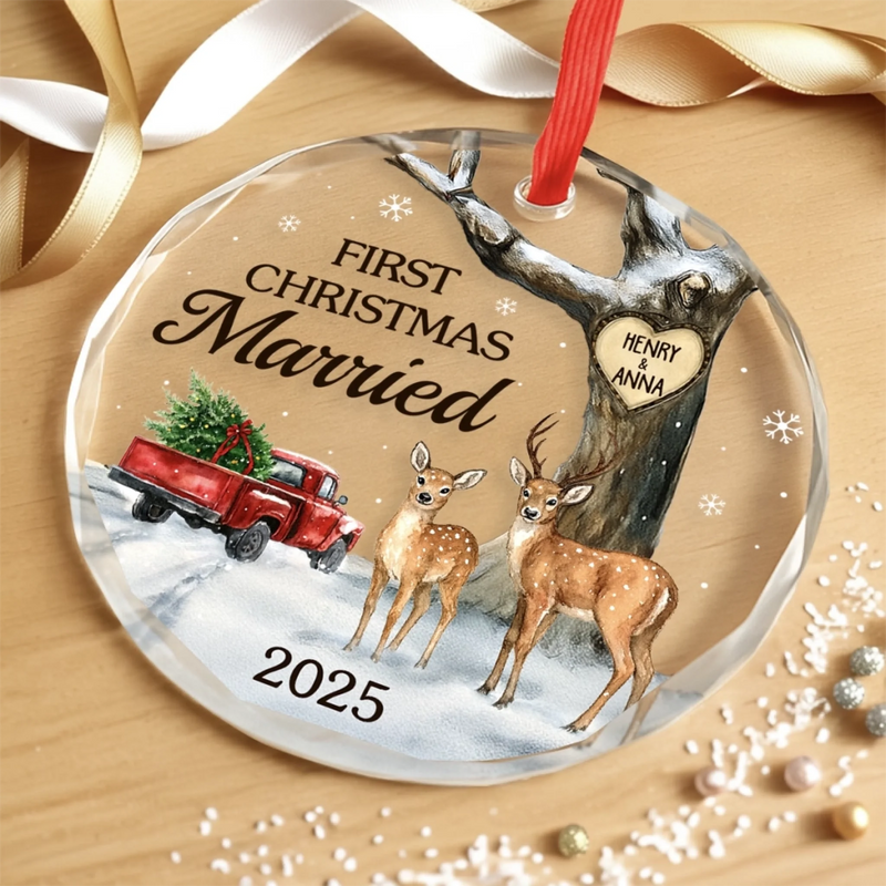 Custom Circle Glass Ornament - Personalized Anniversary Christmas Wedding Gifts For Husband And Wife, Him And Her - Our Forever Starts With Twinkling Lights