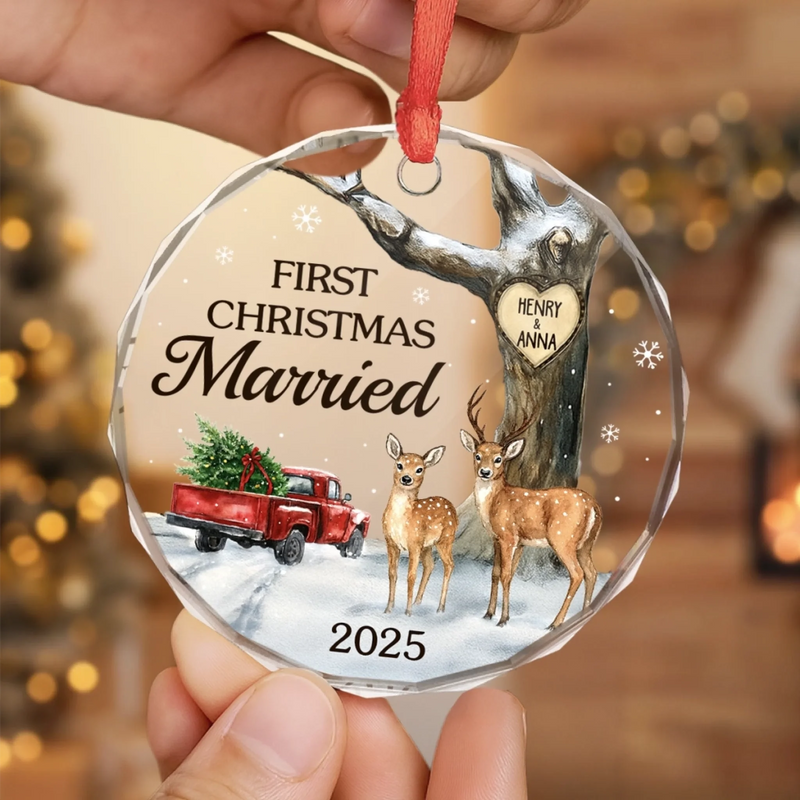 Custom Circle Glass Ornament - Personalized Anniversary Christmas Wedding Gifts For Husband And Wife, Him And Her - Our Forever Starts With Twinkling Lights