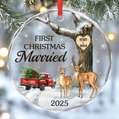 Custom Circle Glass Ornament - Personalized Anniversary Christmas Wedding Gifts For Husband And Wife, Him And Her - Our Forever Starts With Twinkling Lights