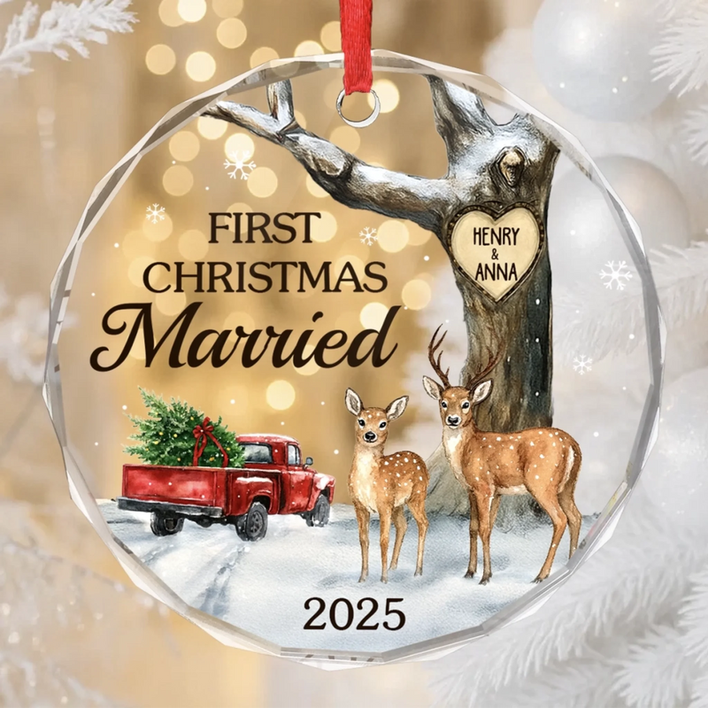 Custom Circle Glass Ornament - Personalized Anniversary Christmas Wedding Gifts For Husband And Wife, Him And Her - Our Forever Starts With Twinkling Lights