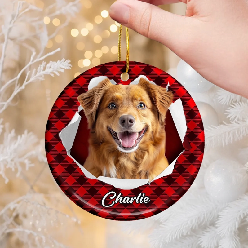 Custom Photo Ceramic Ornament - Personalized Christmas Birthday Gifts For Dog Cat Lovers, Dog Dad And Mom, Cat Owners - Tails Wag, Hearts Glow