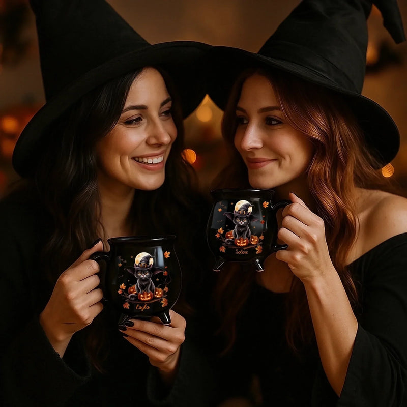 Custom 12oz Ceramic Cauldron Coffee Mug - New Arrival, Personalized Halloween Witchy Gifts For Besties, Sisters, BFF, Family, Yourself - Purrfectly Spooky AMZ