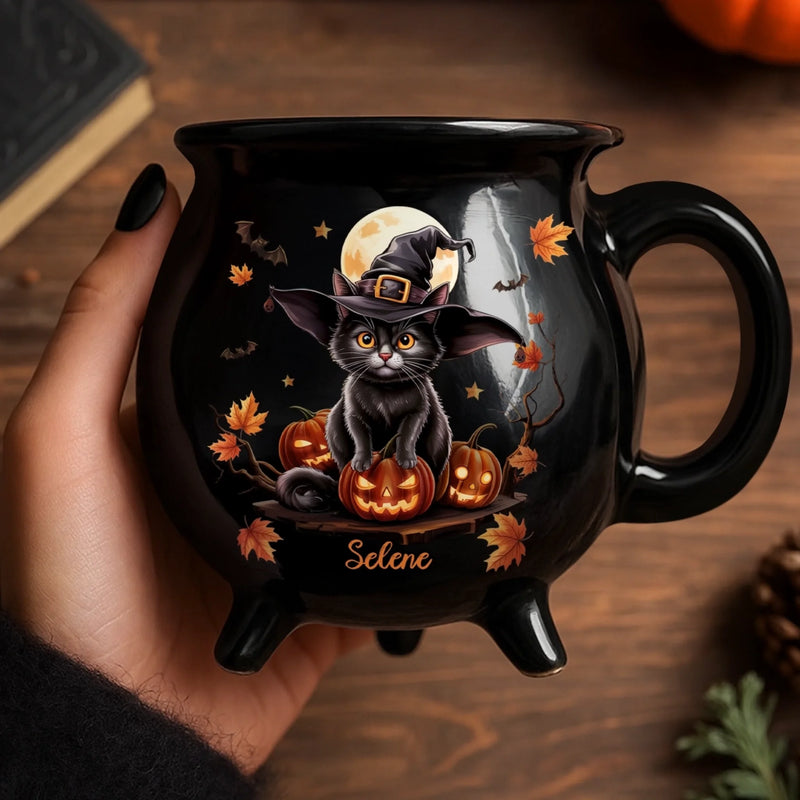 Custom 12oz Ceramic Cauldron Coffee Mug - New Arrival, Personalized Halloween Witchy Gifts For Besties, Sisters, BFF, Family, Yourself - Purrfectly Spooky AMZ