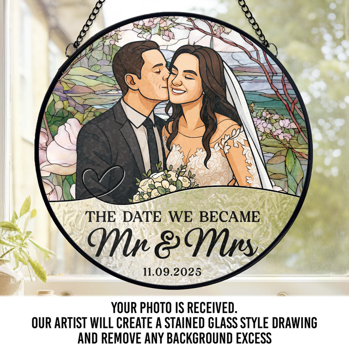 Custom Photo Stained Glass Window Hanging Suncatcher - Personalized Anniversary Wedding Gifts For Husband And Wife, Him And Her - Love Sealed In Glass Forever