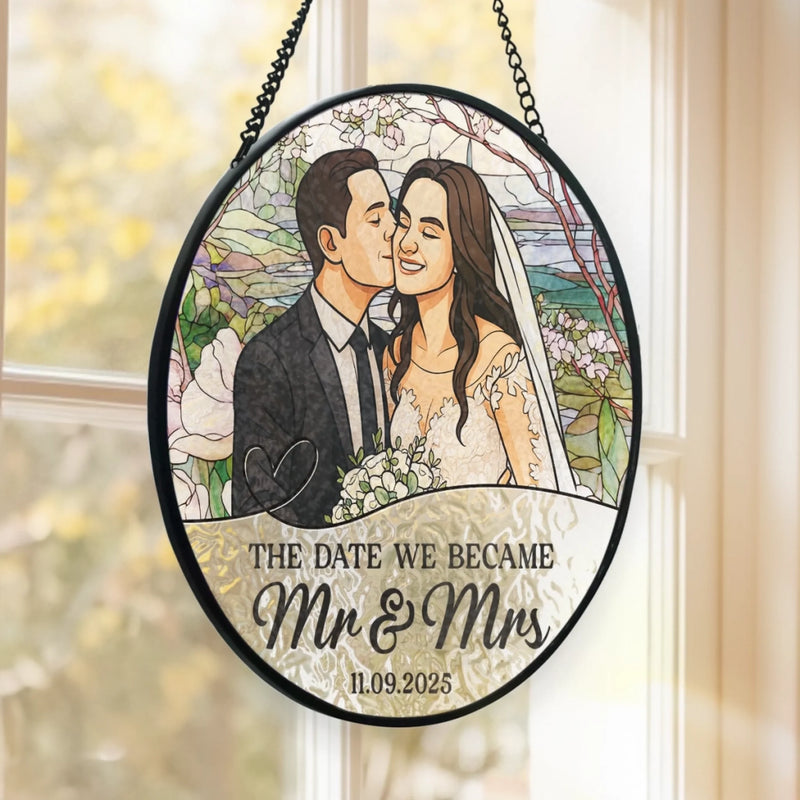 Custom Photo Stained Glass Window Hanging Suncatcher - Personalized Anniversary Wedding Gifts For Husband And Wife, Him And Her - Love Sealed In Glass Forever