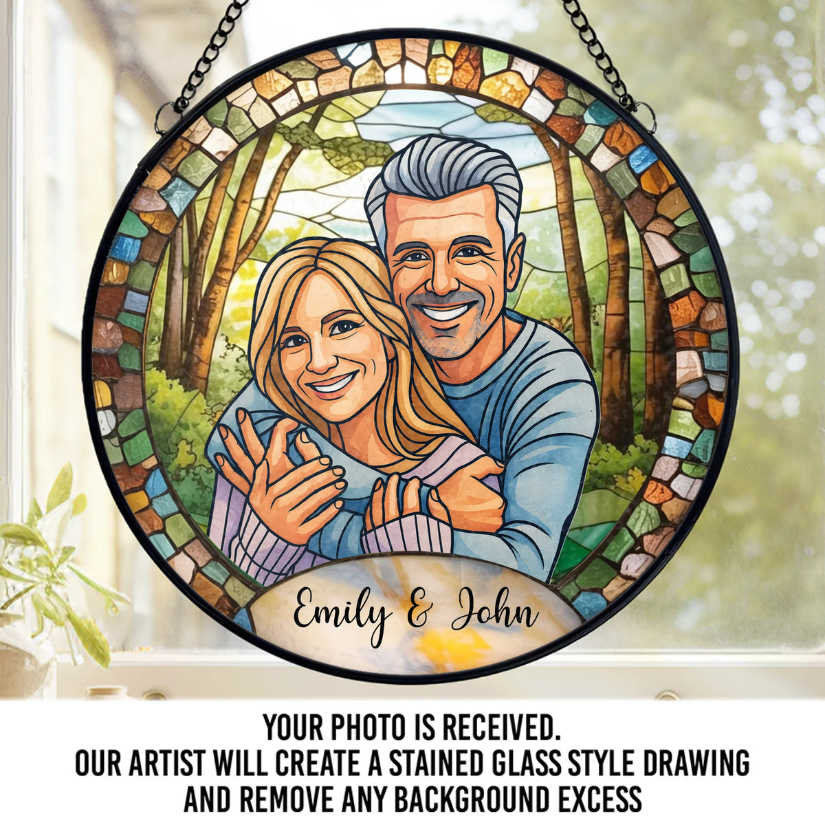 Custom Photo Stained Glass Window Hanging Suncatcher - Personalized Anniversary Wedding Gifts For Husband And Wife, Him And Her - Together, Painted In Forever