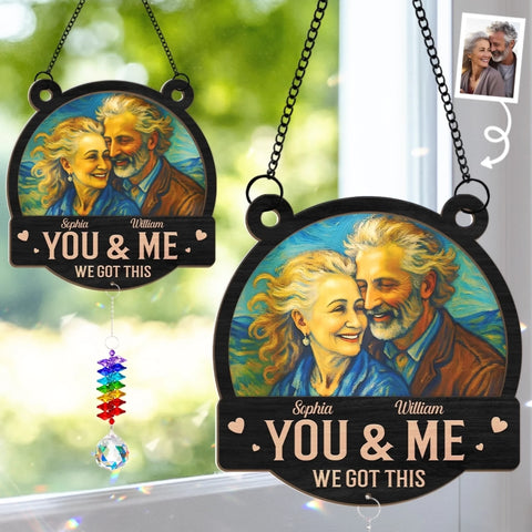 Custom Photo Wood And Acrylic Suncatcher With Crystal Prism - Personalized Anniversary Wedding Gifts For Husband And Wife, Him And Her - Growing Old, Glowing Love