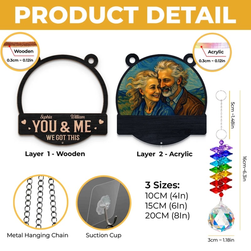 Custom Photo Wood And Acrylic Suncatcher With Crystal Prism - Personalized Anniversary Wedding Gifts For Husband And Wife, Him And Her - Growing Old, Glowing Love