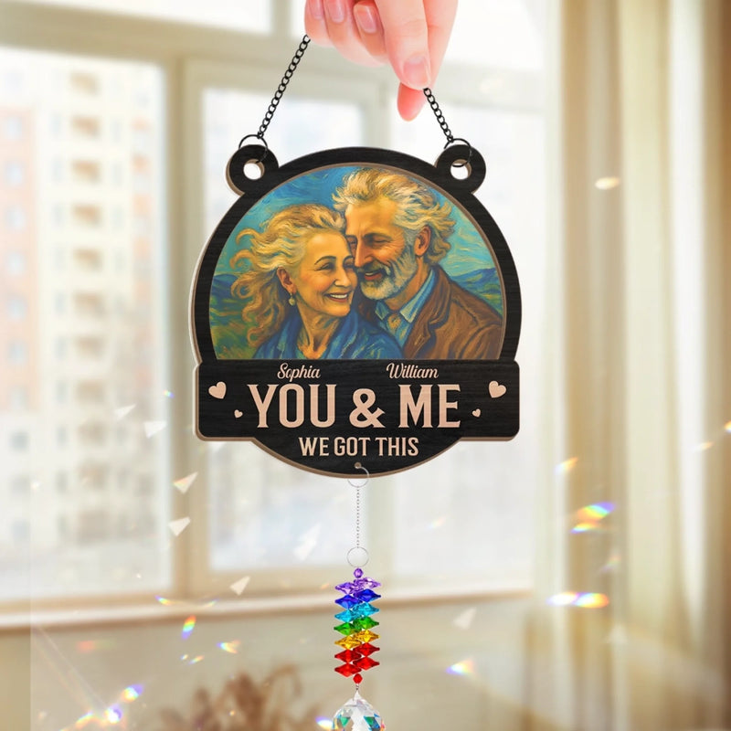 Custom Photo Wood And Acrylic Suncatcher With Crystal Prism - Personalized Anniversary Wedding Gifts For Husband And Wife, Him And Her - Growing Old, Glowing Love