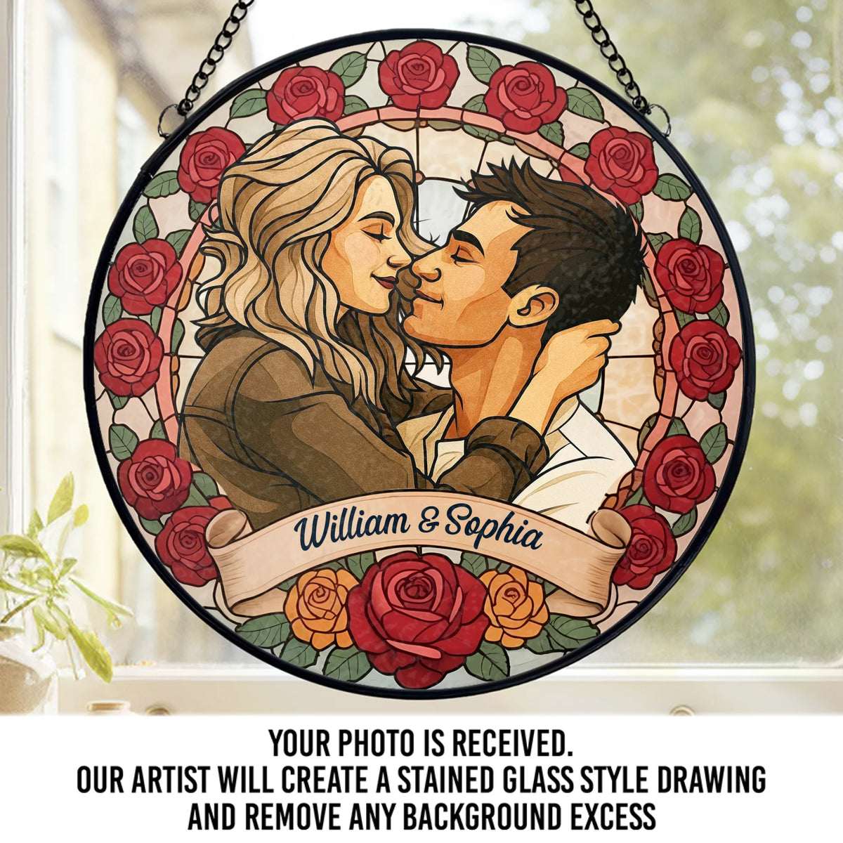 Custom Photo Stained Glass Window Hanging Suncatcher - Personalized Anniversary Wedding Gifts For Husband And Wife, Him And Her - A Love Framed In Roses