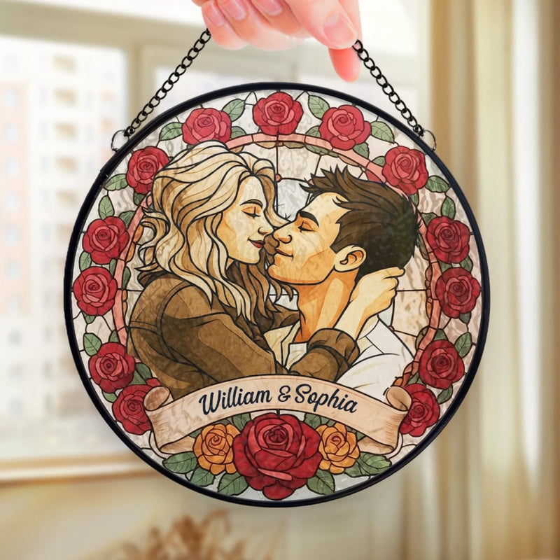 Custom Photo Stained Glass Window Hanging Suncatcher - Personalized Anniversary Wedding Gifts For Husband And Wife, Him And Her - A Love Framed In Roses
