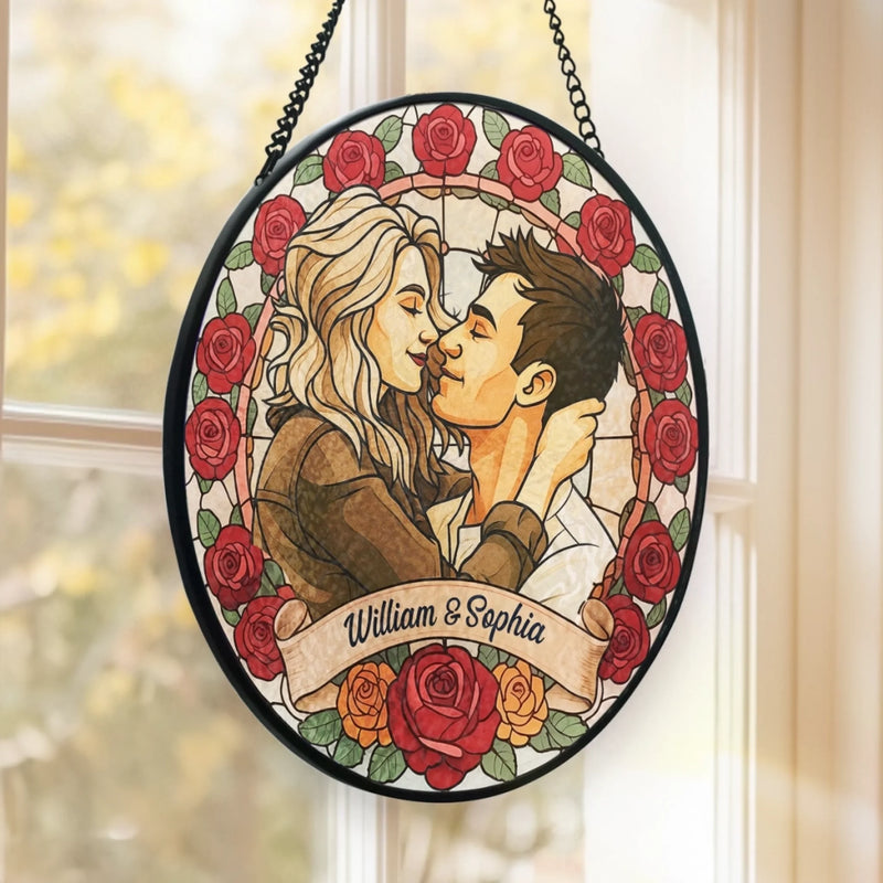 Custom Photo Stained Glass Window Hanging Suncatcher - Personalized Anniversary Wedding Gifts For Husband And Wife, Him And Her - A Love Framed In Roses