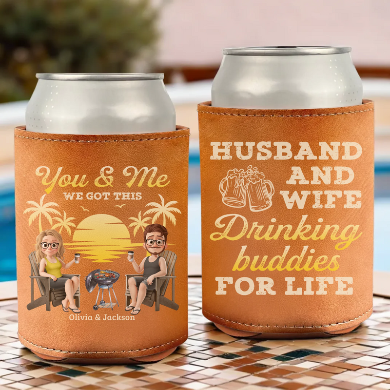 Custom Leather Can Cooler - Personalized Anniversary Wedding Gifts For Husband And Wife, Him And Her - Drinking Buddies For Life