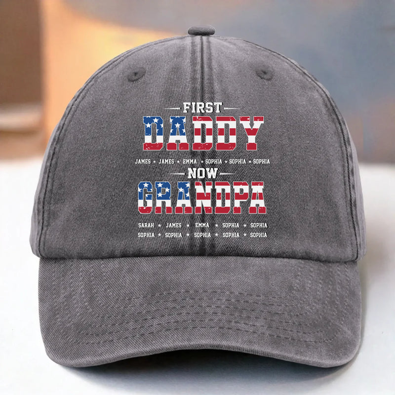 Custom Vintage Washed Denim Baseball Cap US - Personalized 4th Of July Gifts For Dad, Grandpa - First Dad, Now Grandpa