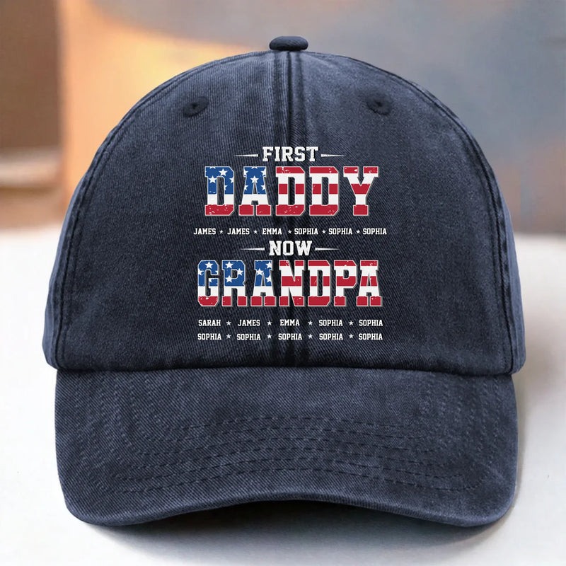 Custom Vintage Washed Denim Baseball Cap US - Personalized 4th Of July Gifts For Dad, Grandpa - First Dad, Now Grandpa