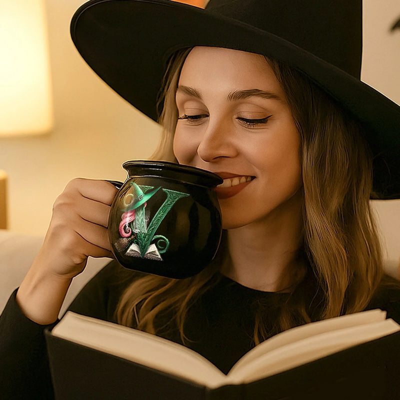 Custom 12oz Ceramic Cauldron Coffee Mug - Personalized Halloween Witchy Gifts For Besties, Sisters, BFF, Family, Yourself - Just A Witch, Sipping On Trouble