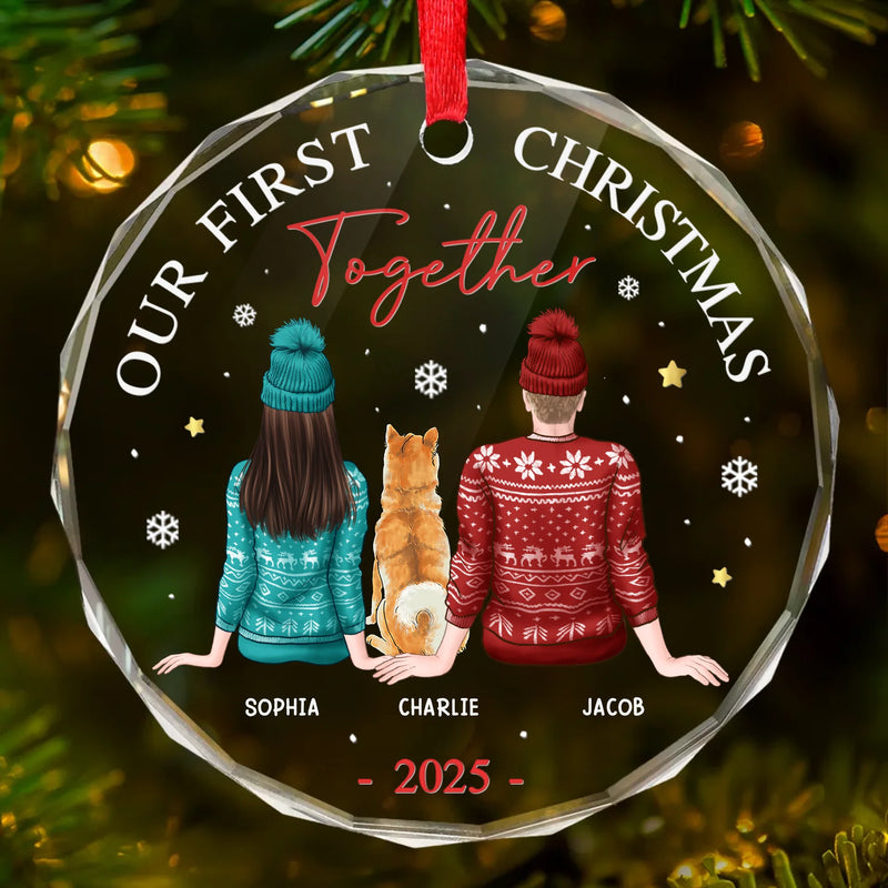 Our First Christmas Together - Dog & Cat Personalized Custom Circle Glass Ornament - Christmas Gift For Husband Wife, Anniversary, First Christmas, Pet Owners, Pet Lovers