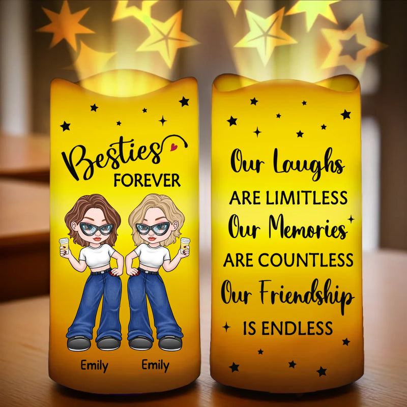 Besties Forever, Laughter Never Ends - Bestie Personalized Custom LED Projection Flameless Candle - Gift For Best Friends, BFF, Sisters