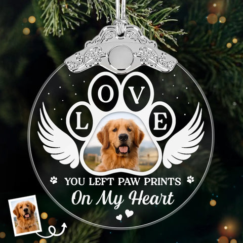 Custom Photo Glass Ornament - Personalized Pet Christmas Memorial Sympathy Gifts For Dogs, Cats - Paws Print Memories In Heart