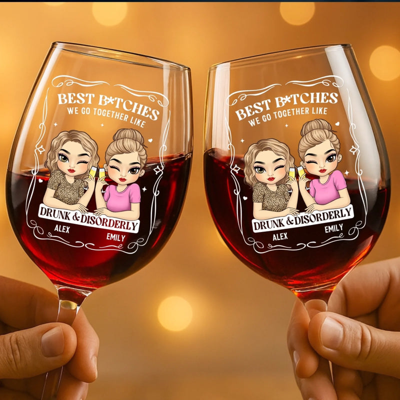 Custom Stemmed Wine Glass - Personalized Best Friend Birthday Gifts For Women, Besties, Sisters, BFF - Trouble Makers Till The End