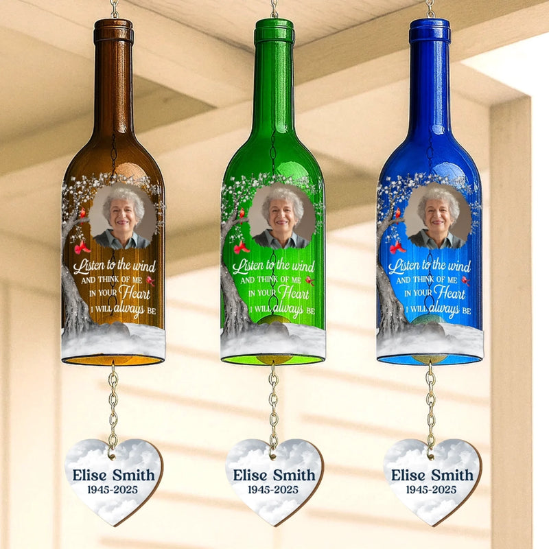 Custom Photo Wine Bottle Wind Chime - Personalized Memorial Sympathy Gifts For Loss Of Mom, Dad - Whispers Of You Live On