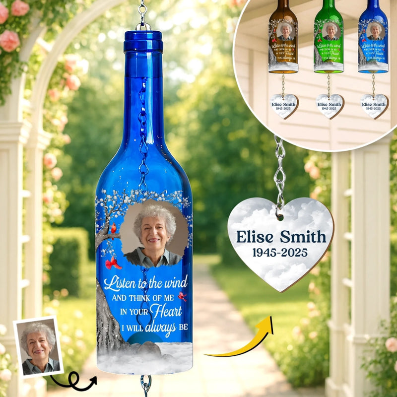 Custom Photo Wine Bottle Wind Chime - Personalized Memorial Sympathy Gifts For Loss Of Mom, Dad - Whispers Of You Live On