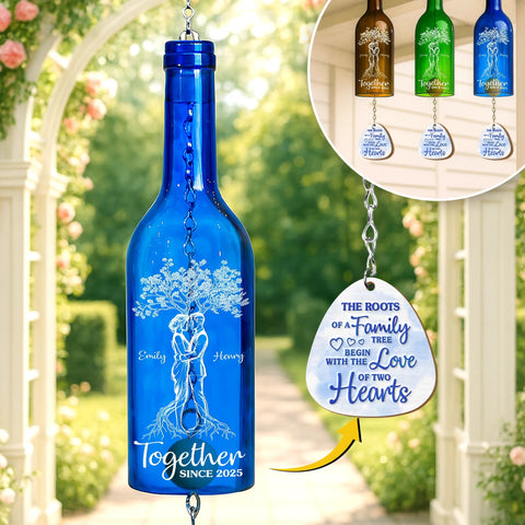 Custom Wine Bottle Wind Chime - Personalized Anniversary Wedding Gifts For Husband And Wife, Him And Her - Two Hearts, One Family Tree