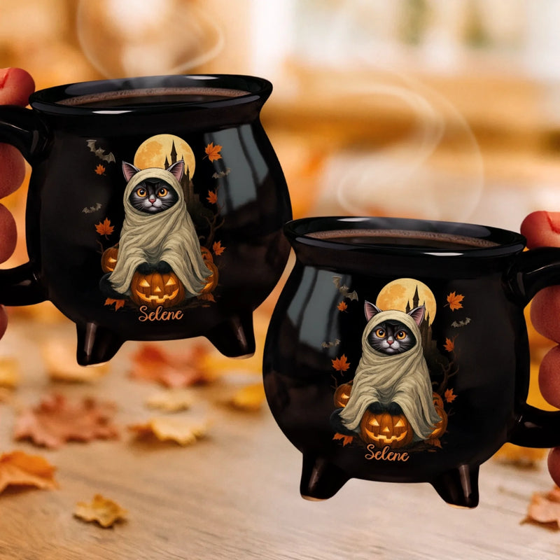 Custom 12oz Ceramic Cauldron Coffee Mug - Personalized Halloween Witchy Gifts For Besties, Sisters, BFF, Family, Yourself - Potion And Purrs
