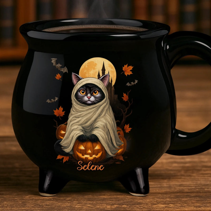 Custom 12oz Ceramic Cauldron Coffee Mug - Personalized Halloween Witchy Gifts For Besties, Sisters, BFF, Family, Yourself - Potion And Purrs