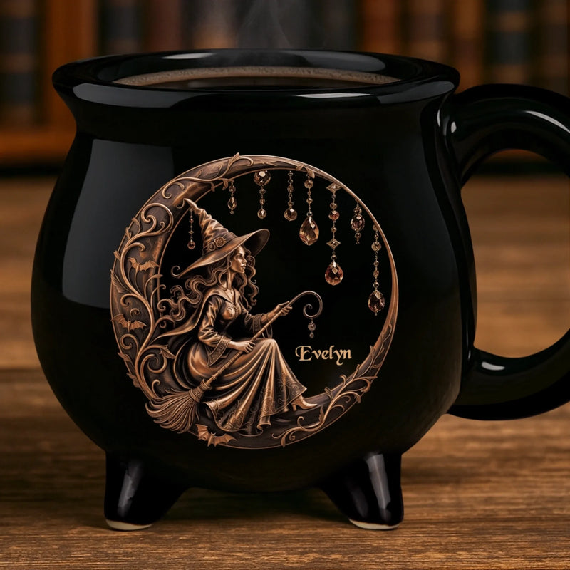 Custom 12oz Ceramic Cauldron Coffee Mug - Personalized Halloween Witchy Gifts For Besties, Sisters, BFF, Family, Yourself - Moonlit Witch Magic