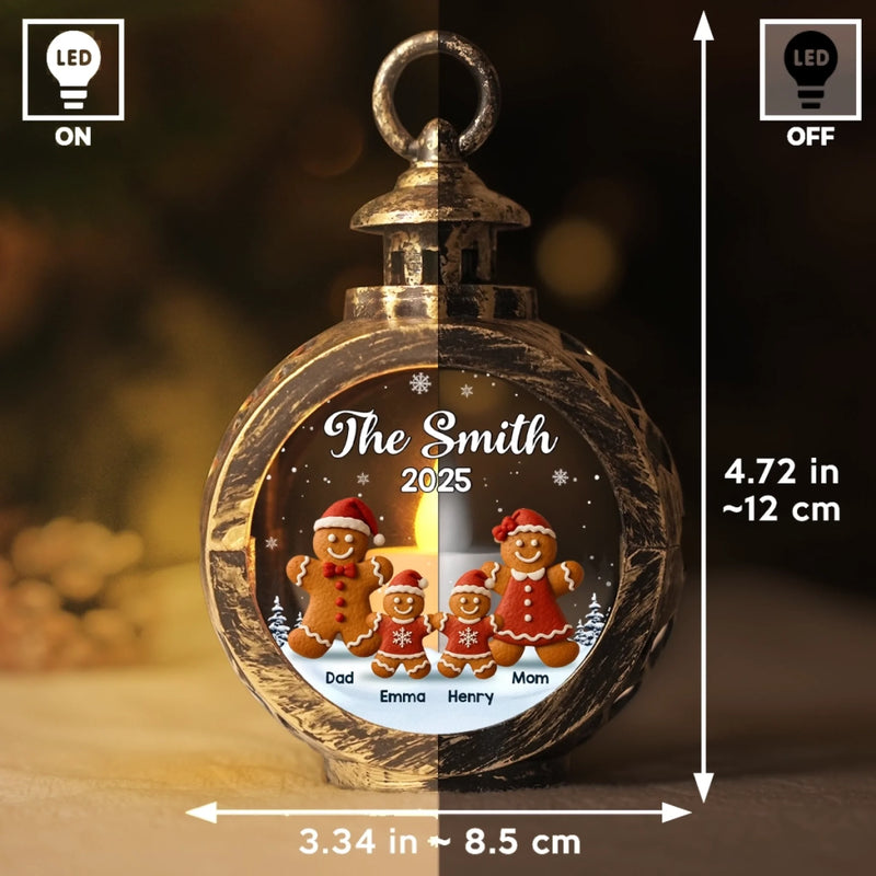 Custom Candlelight Lantern Ornament -  Personalized Christmas Birthday Gifts For Mom, Dad, Kids - A Gingerbread Family In Snow