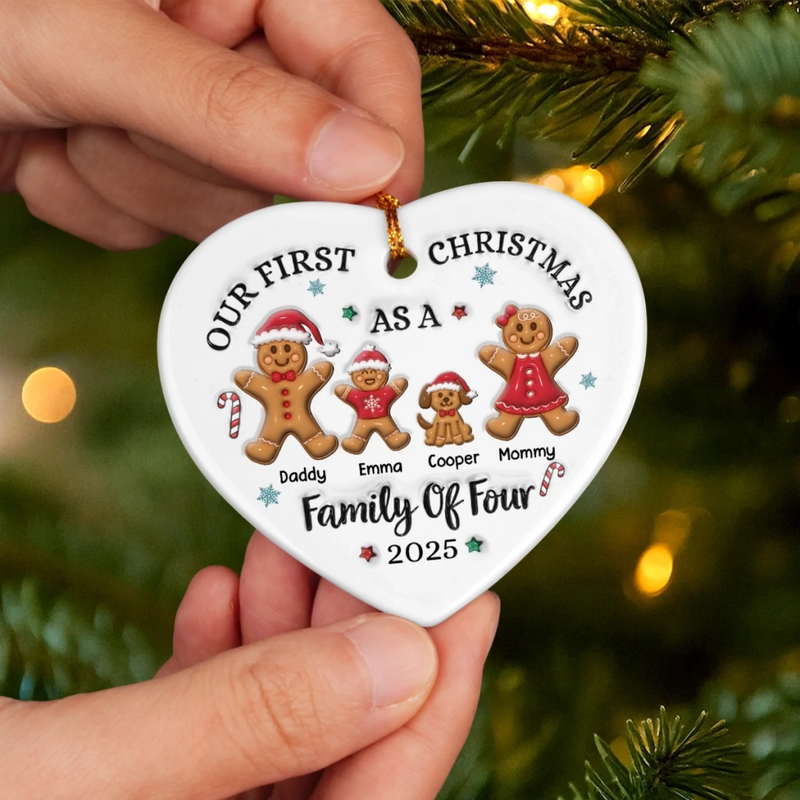 Custom First Christmas Ceramic Ornament - Personalized Christmas Birthday - Gifts For Mom, Dad, Brother, Sister, Kids - Gingerbread Hearts Warm The Home