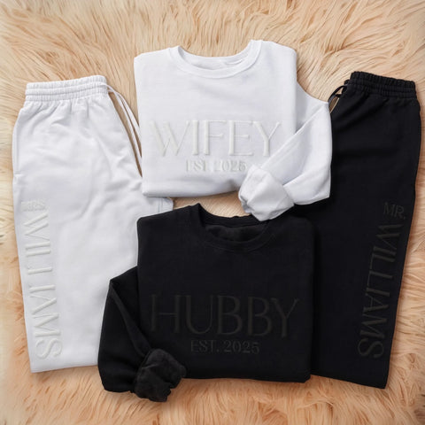 Custom Unisex Embossed Sweatshirt and Joggers Sets - Personalized Anniversary Wedding Gifts For Husband And Wife, Him And Her - Matching Vibes, Matching Hearts