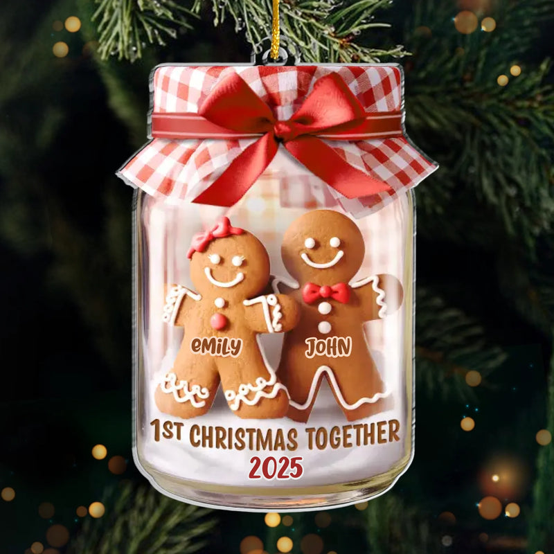 Custom First Christmas Acrylic Ornament - Personalized Anniversary Christmas Wedding Gifts For Husband And Wife, Him And Her - Gingerbread Hearts Together