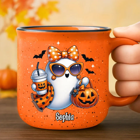 Custom Fall Autumn Orange Enamel Mug - Personalized Halloween Birthday Gifts For Best Friends, Family, Coworker, Work Bestie - Pumpkin Spice Ghost Life