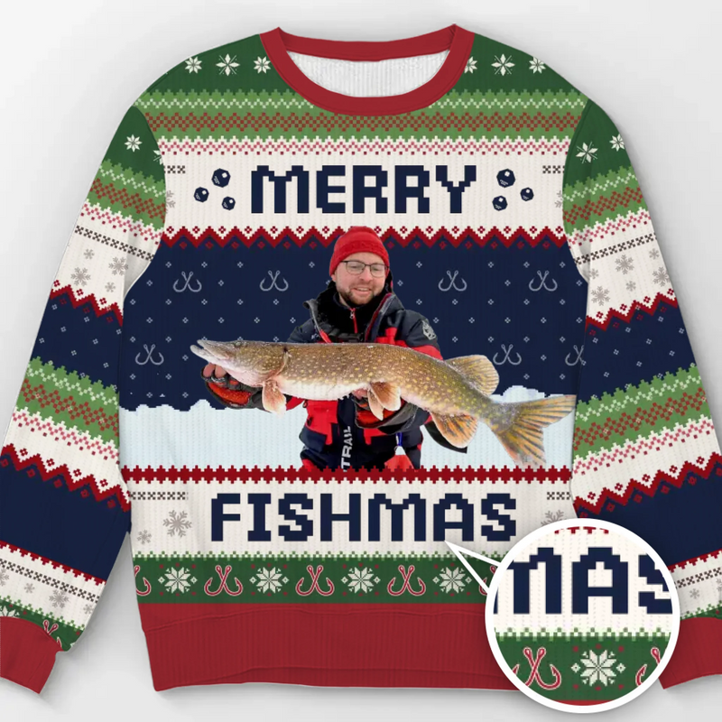 Custom Photo Unisex Ugly Sweatshirt - Personalized Christmas Birthday Fishing Gifts For Fisherman - Merry Fishman