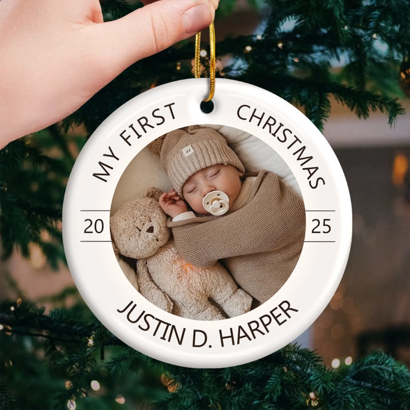 Custom Photo Baby First Christmas Ceramic Ornament - Personalized Christmas Baby Shower, Gifts For New Moms, New Dads, New Parents - Joy Begins With A First Christmas