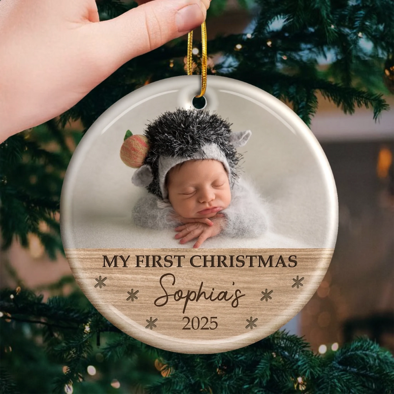 Custom Photo Baby First Christmas Ceramic Ornament - Personalized Christmas Baby Shower, Gifts For New Moms, New Dads, New Parents - Small Hands Big Christmas Magic