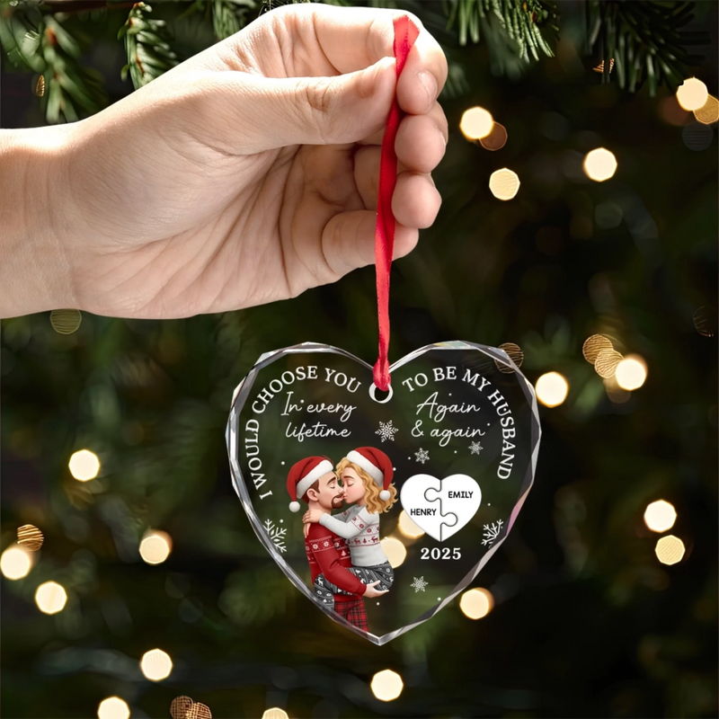 Custom Heart Glass Ornament - Personalized Anniversary Christmas Wedding Gifts For Husband And Wife, Him And Her - Love You More Each Day