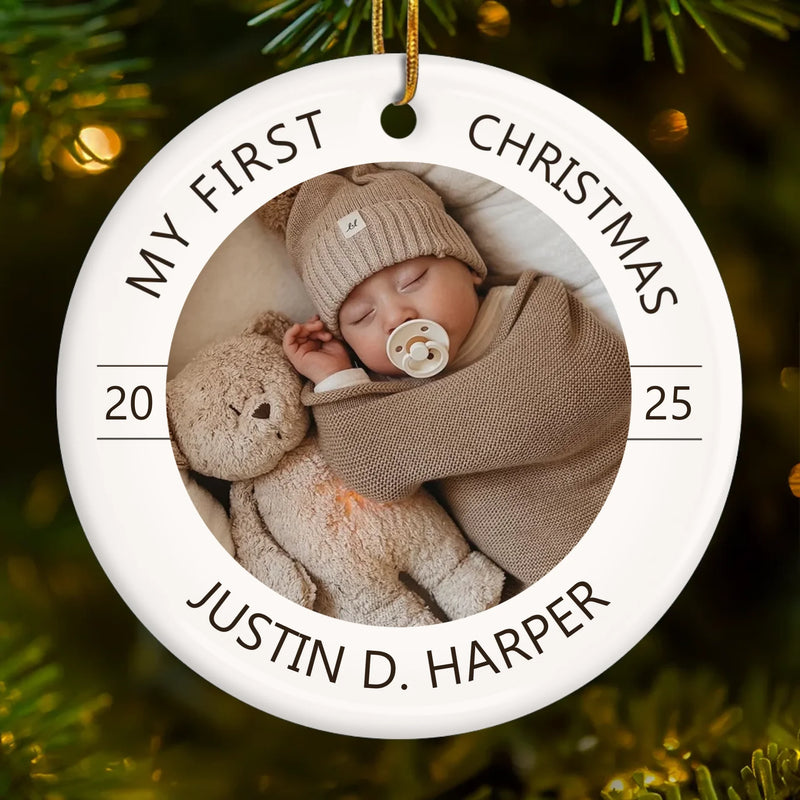 Custom Photo Baby First Christmas Ceramic Ornament - Personalized Christmas Baby Shower, Gifts For New Moms, New Dads, New Parents - Joy Begins With A First Christmas