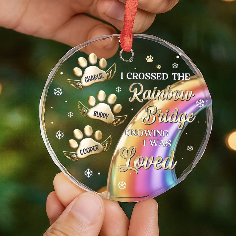 Custom Circle Glass Ornament -  Personalized Pet Christmas Memorial Sympathy Gifts For Dogs, Cats - Crossed the Rainbow Loved