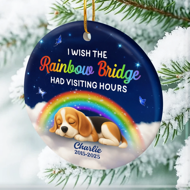 Custom Rainbow Bridge Ceramic Ornament - Personalized Pet Christmas Memorial Sympathy Gifts For Dogs - Tail Wags In Heaven